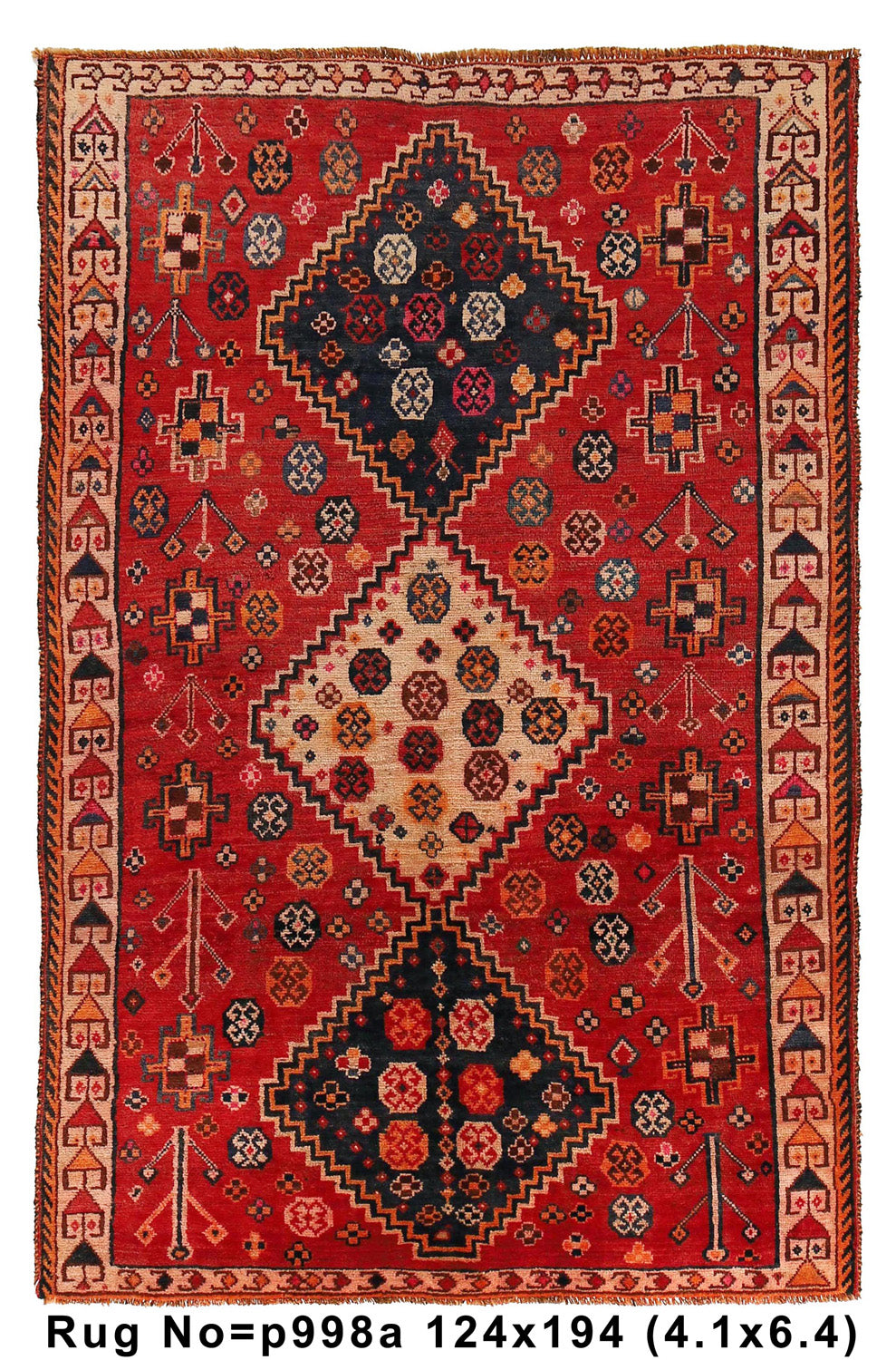 4' x 6' Old Persian Shiraz Rug Geometric Village Handmade Carpet #P998