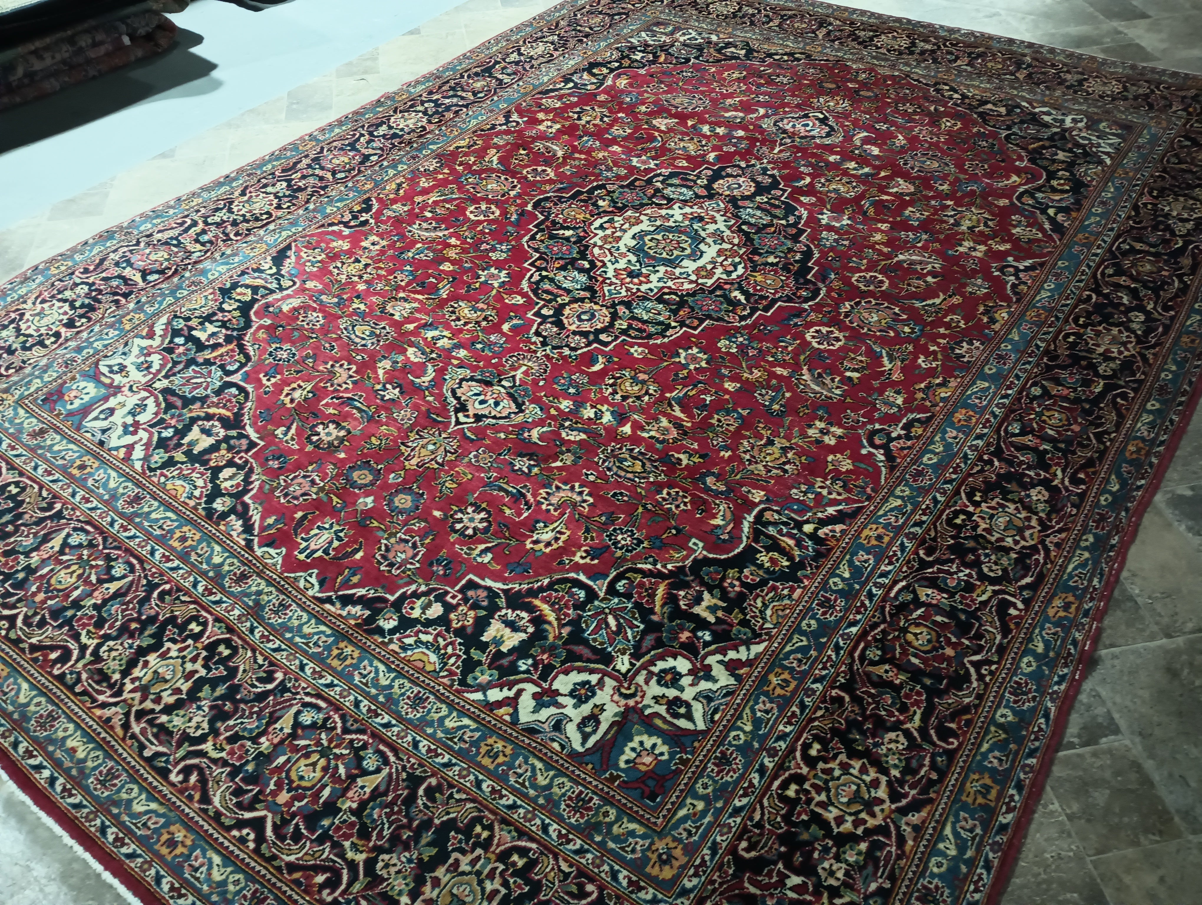 Blue Traditional 13'1 x 9'7 Ft Kashan Persian Area Rug